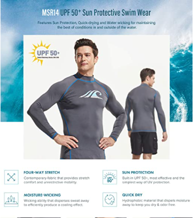 Infographic of TSLA Men's UPF 50+ Long Sleeve Rash Guard