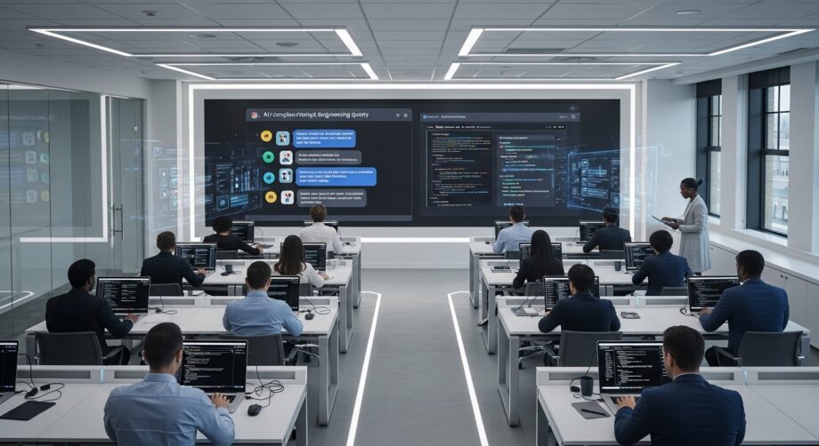 A professional training environment where employees are learning AI prompt engineering on laptops, digital screens displaying AI chat interfaces and coding prompts, modern corporate training room, futuristic technology elements, clean professional lighting, realistic editorial style, 16:9 ratio.